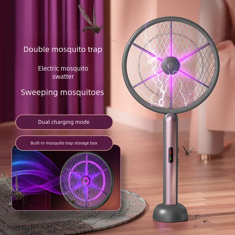 [T-0021] Electric bug zapper raqueta mata mosquito Recargable HD Con base 2 modos