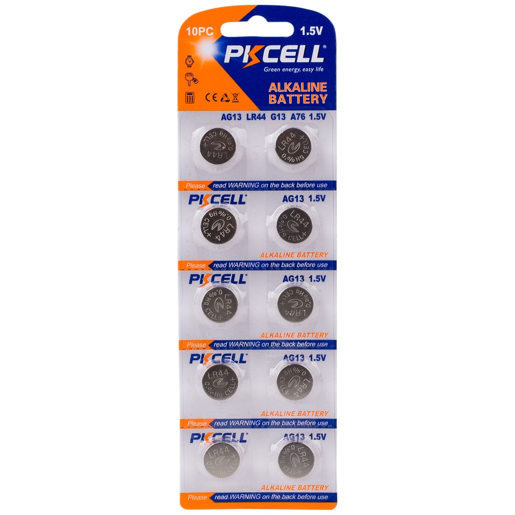 Batería tipo botón AG13 pqt 10  pkcell button cell, alkalina