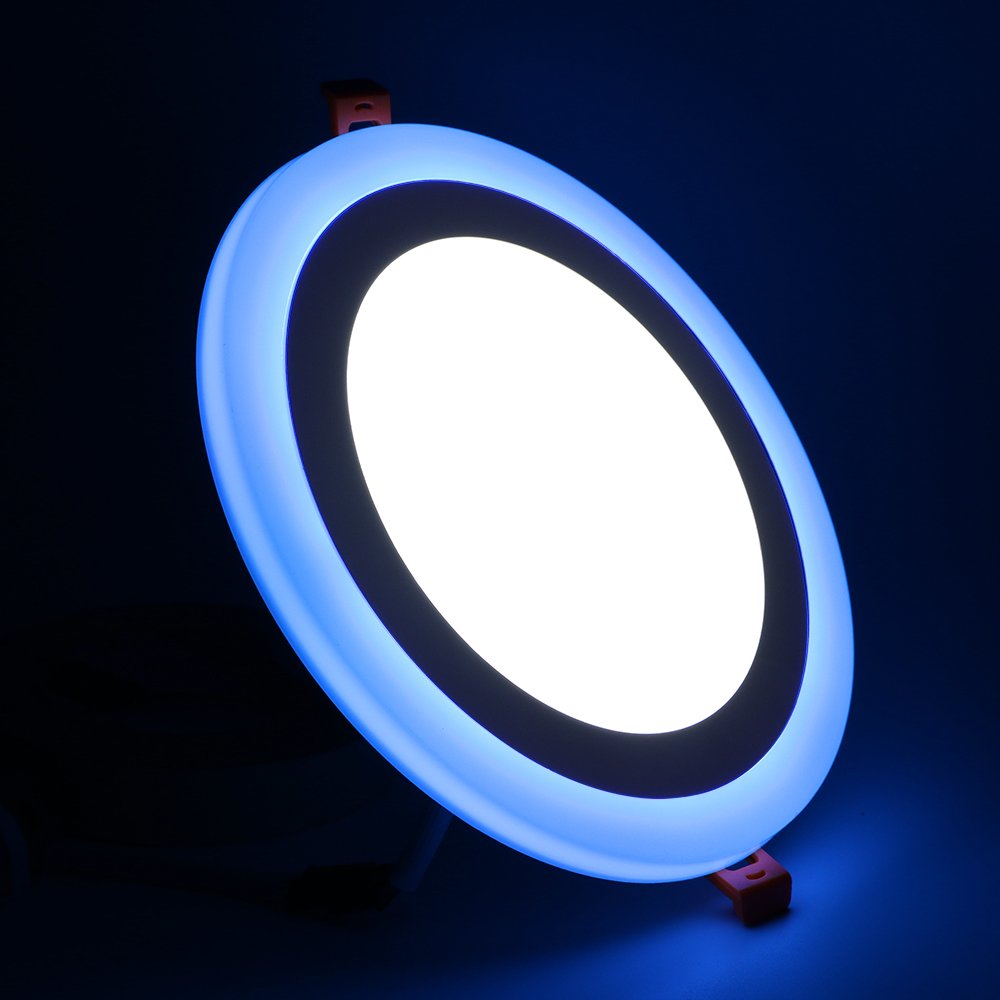 Panel doble luz, azul spot light 3w+3w redonda 6000k. facia 2 colores azul alrededor, luz blanca en centro
